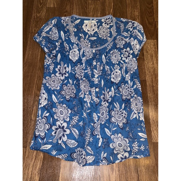 G.H. Bass & Co. Tops - GH Bass Blue White Floral Cotton Blouse Short Sleeve Button Front Top Small